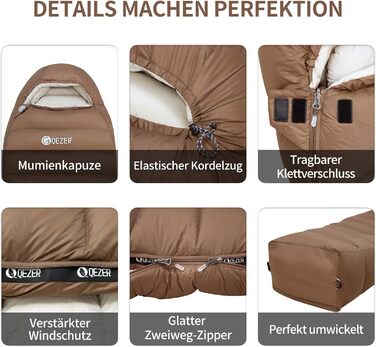 Пуховий спальний мішок для дорослих та дітей, легкий зимовий спальник Outdoor 8°C ~ -30°C для кемпінгу та альпінізму з 650 FP гусячим пухом (кава, 1500г пуху)