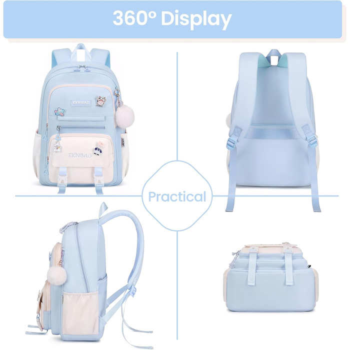 Шкільний рюкзак Tanou для дівчаток-підлітків, велика місткість, 3-7 клас, легкий нейлон, стильний, блакитний