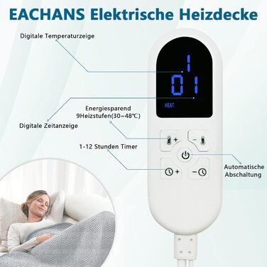 Електрична ковдра Eachans 180x150 см з автовимкненням, 9 режимів нагріву та таймером 1-12 годин, пральна фланелева Sherpa ковдра для ліжка та дивану, підігріваюча ковдра, плед 180*150 см