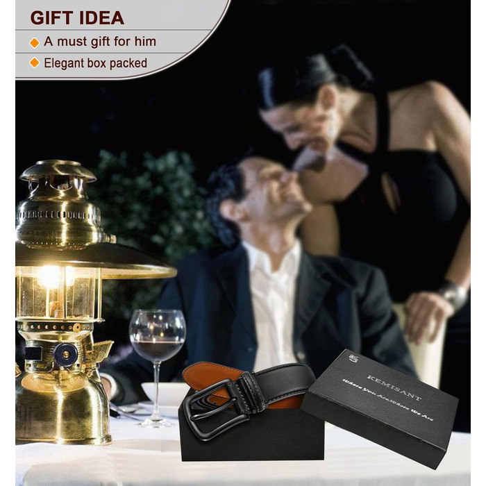 Чоловічі ремені KEMISANT 2 шт. в наборі, шкіряні, регульовані, 38 мм, 7 отворів, для подарунка, чорний/оранжево-коричневий