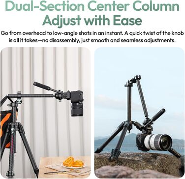 Штатив для камери ULANZI JJ05 GlideGo 184 см з карбону, складний, з поворотним центральним стовпом, легкий туристичний штатив з кульковою головкою 360° та швидкознімною платформою для DSLR, максимальне навантаження 18 кг (JJ06 Відеоштатив)
