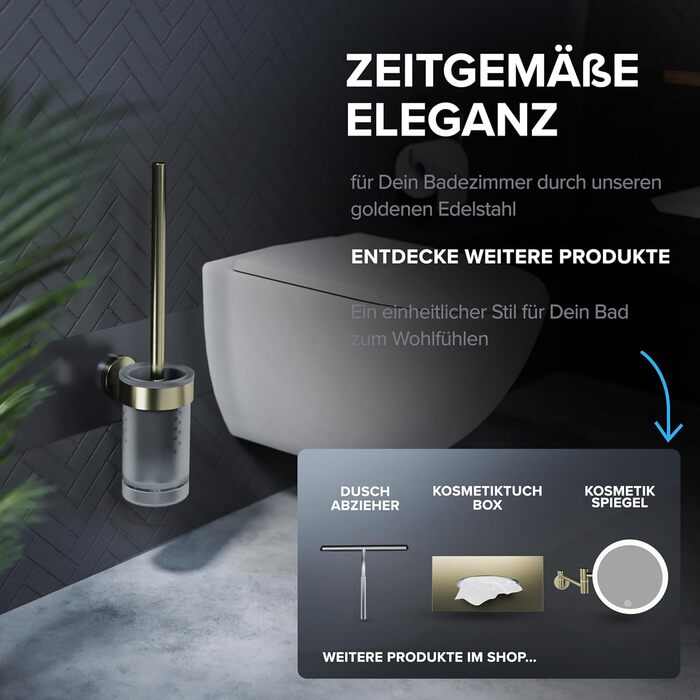 Набір для чищення унітазу Ovimar Finnkona з кріпленням на стіну без свердління | Силіконова щітка для унітазу з вентиляцією | Виготовлена з порошково-пофарбованої нержавіючої сталі | Змінний насадка для унітазу (золота)