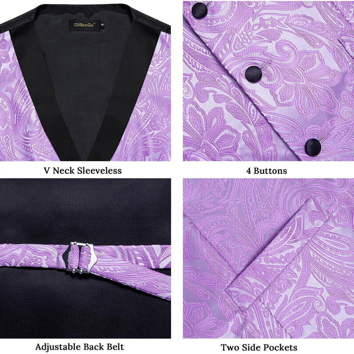 Костюм чоловічий DiBanGu 7-частинний: жакардовий піджак, жилет, краватка, кравецький комірець, сорочка, штани, для весілля, свят, мокінгу. Золотистий та чорний (S, Фіолетовий)