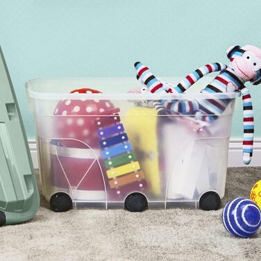 Rotho Roller 6 Storage Box 2-Piece Set, 57L with Lid and Wheels, Plastic (1 x 57L, Transparent/Turquoise)
