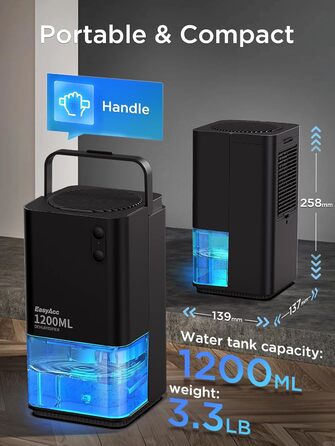 EasyAcc Електричний осушувач повітря 1200 мл, компактний, тихий, портативний, з автовимкненням та режимом сну. Ідеально для дому та офісу (чорний)