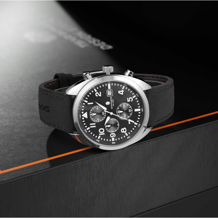 Годинник чоловічий SAPPHERO кварцові з шкіряним ремінцем. Класичний бізнес-годинник для чоловіків, водонепроникність 50 метрів, арабські цифри, хронограф (срібно-чорний)