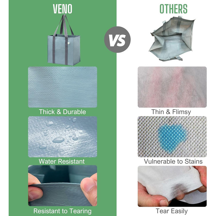 VENO 34 Liter Large Shopping Bag Foldable with Sturdy Bottom and Front Pocket, Reusable Shopping Bags Water-Resistant Tote Bag Shopping Basket for Shopping Picnic (Light Blue, 4-Pack)