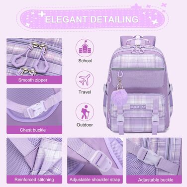 Рюкзак KEBEIXUAN для дівчаток, шкільна сумка 1-5 клас, дихаючий рюкзак з помпоном, фіолетовий + ланч-бокс + пенал