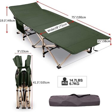 Ліжко похідне REDCAMP складане XXL, 71 см, вантажопідйомність 226 кг, сіре/зелене/чорне - для кемпінгу, туризму, пляжу, саду