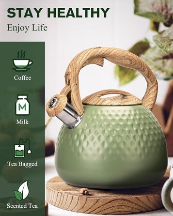 Чайник для заварювання чаю Teekessel 2,7 л з емальованим покриттям зеленого кольору з імітацією дерева, з носиком, з нержавіючої сталі, антижаровий ручка оливкового кольору