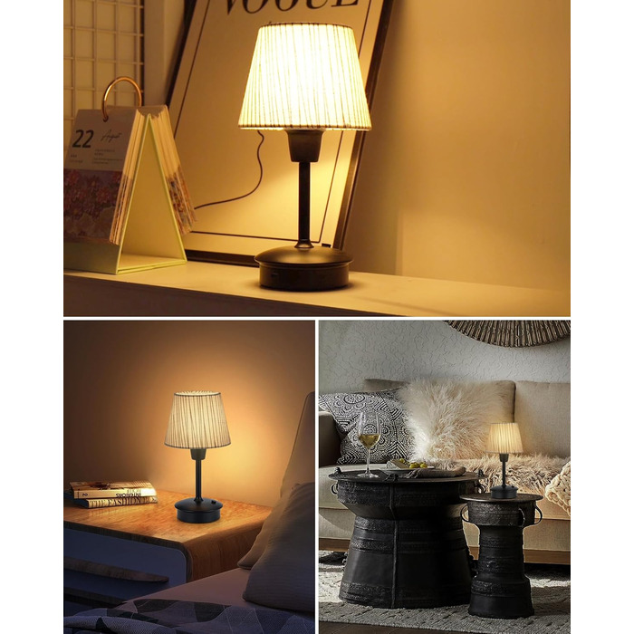 Акумуляторна настільна лампа: портативна, бездротова з димером, для дому та саду, з абажуром з льону, антична металева біла, з смугастим абажуром (чорно-білий)