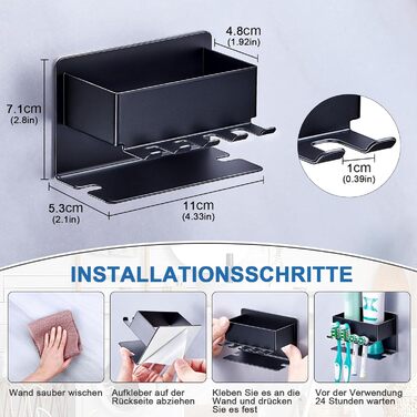 Тримач для зубних щіток настінний, для електричної зубної щітки, з підставкою для насадок, без свердління, чорний, компактний