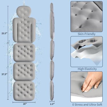 Full Body Bathtub Pillow with 160 Suction Cups - Head & Neck Support Bath Mat with Laundry Bag (Dark Grey, 130 x 41 cm / 51.2' x 16.2')