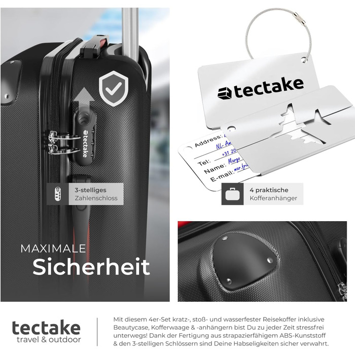 Набір валіз Tectake® 4 шт. з ваговою та ідентифікатором, 360° колеса, жорсткий корпус з кодовим замком, велика валіза, вкладна, ручний багаж (Чорний)