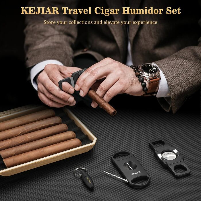 KEJIAR Вишуканий футляр для сигар з контролем вологості, набір інструментів для сигар (3 в 1, V-Cut, Straight Cut, штамп)