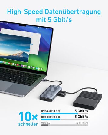 USB-C хаб Anker: док-станція з двома HDMI, 100W, 10Gbit/s, 8 портів для MacBook, Dell, iPad Pro