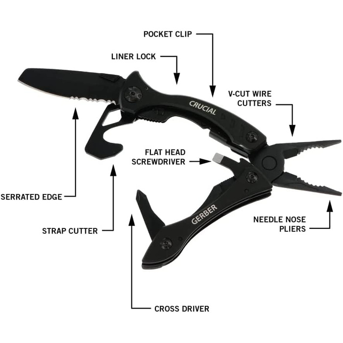 Gerber Multi-Tool with 9 functions and belt clip, Crucial, with belt cutter and liner-lock locking mechanism, open length: 9.1 cm, Black, 31-001518