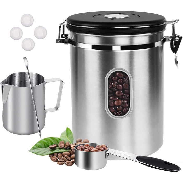 Контейнер для кави ROCKY&CHAO 1.8L з нержавіючої сталі, герметичний, з віконцем, для кавових зерен, чаю, горіхів, какао