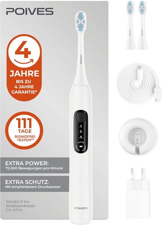 Електрична зубна щітка POIVES P1 Pro з датчиком тиску, 72000 рухів, гарантія до 4 років, 111 днів без ризику, довга тривалість роботи акумулятора, колір Midnight Blue (P1 Pro Silk White)