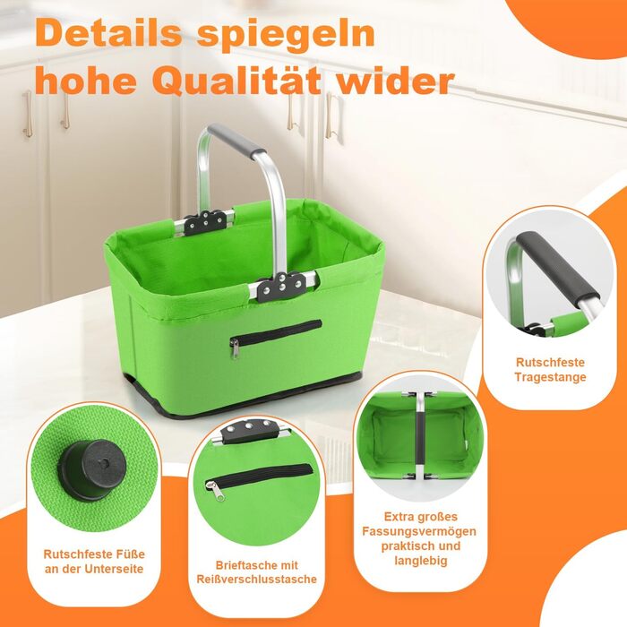 Складаний кошик для покупок 25L з м'якими ручками та кишенею на блискавці, зелений