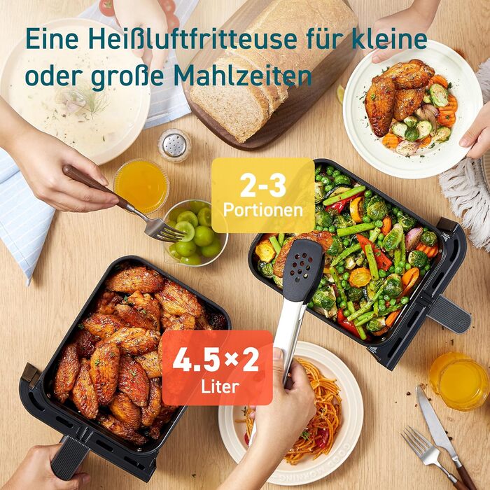 Фритюрниця з двома камерами COSORI Airfryer 8,5 л, 8-в-1, подвійна зона, з віконцем, енергозберігаюча, для 1-5 осіб, чорна