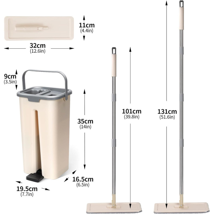 Набір для миття підлоги з відром, Masthome: компактний моп з відром та вичавкою, 3 мікрофібрових насадок, нержавіюча сталь, 2-в-1, для дерев'яних, плиткових та мармурових підлог, бежевий, 2.9л