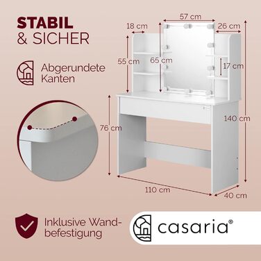Туалетний столик Casaria з дзеркалом, LED підсвіткою, сенсорним датчиком, 4 полицями, білий, косметичний стіл 110x40 см, дерево з LED