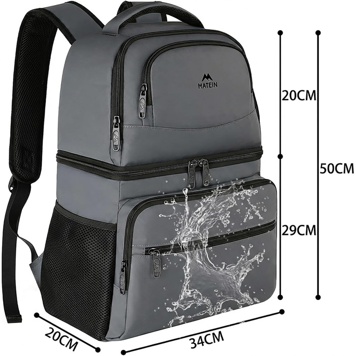 Рюкзак-холодильник MATEIN 34L, сірий, на 40 банок, для пікніків, пляжу, кемпінгу, чоловічий/жіночий