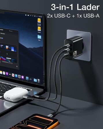Зарядний пристрій USB-C 67W 3-Port PD PPS для MacBook, iPhone, Samsung Galaxy, iPad, Pixel - Чорний