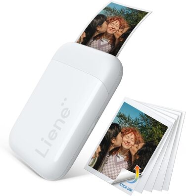 Liene Pearl K100 Mini Фотодрук для смартфонів (5x7,6 см) - комплект з 50 аркушами Zink фотопаперу з клейкою основою, Bluetooth, 300DPI, сумісний з iOS & Android, вбудований акумулятор, білий