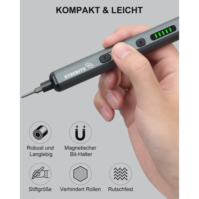 Міні-шуруповерт STREBITO 70-в-1: комплект з 64 бітами, 5 режимів крутного моменту, LED-підсвічуванням, сірий