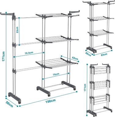 Розкладна сушилка для білизни Turm з 6 крил та 2 боковими крилами, сіра, S (розтяжна)