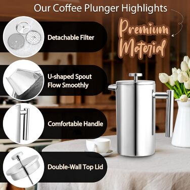 Френч-прес Cafeti, 8 чашок, нержавіюча сталь, подвійні стінки, термоізоляція, портативний, для дому, офісу, кемпінгу, 1000 мл