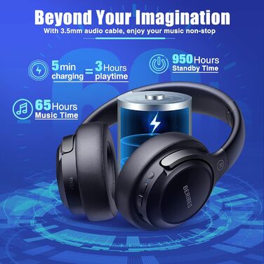 BERIBES Бездротові навушники Over-Ear Bluetooth з мікрофоном, 65 годин роботи, 6 EQ-режимів, HiFi Stereo, чорний
