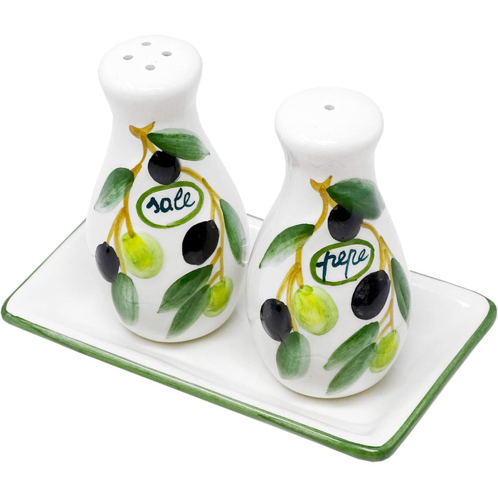 Handmade salt and pepper shaker set from Italian ceramic, 3-piece in olive green design with tray, size 14x8 cm