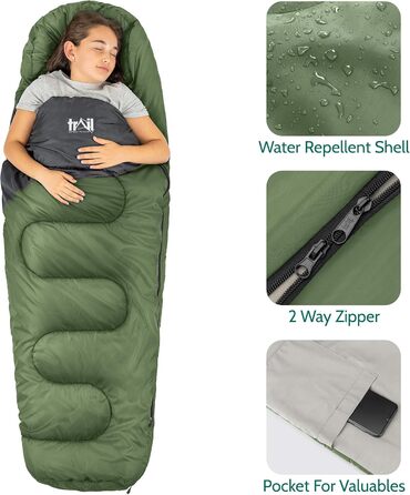 Дитячий спальний мішок Trail Mumienschlafsack 3 сезони для кемпінгу – 300gsm – для хлопчиків та дівчаток – з легким рюкзаком (Хакі)