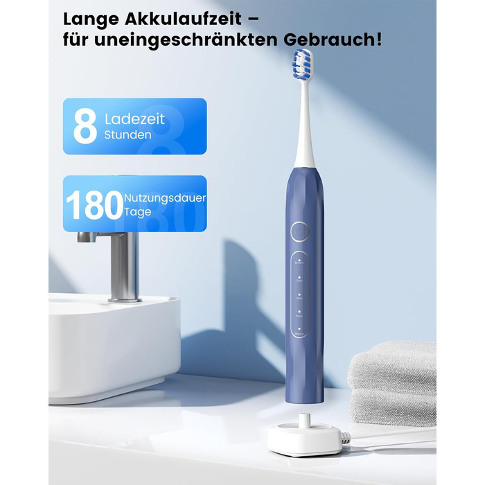 Електрична зубна щітка зі звуковою технологією, 5 режимів, таймер 30s, відбілює зуби за 2 тижні, 8 змінних насадок, IPX7, блакитна