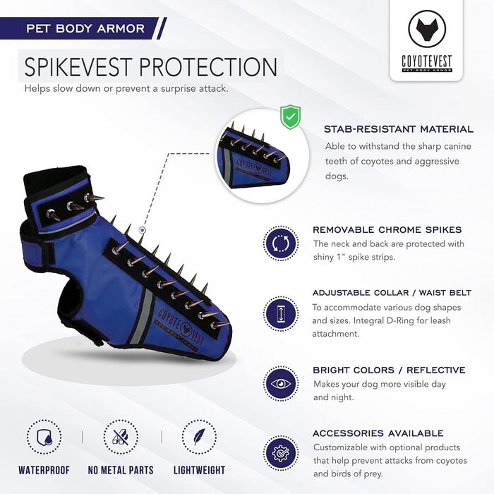 Жилет CoyoteVest SpikeVest для собак, захисний жилет з шипами для маленьких собак, розмір Medium, колір Royal Blue (Королівський синій)