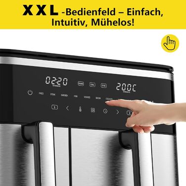 Фритюрниця повітряна подвійна 11л Airfryer, XXL фритюрниця з 2 кошиками, 7л/4л, для основного та гарніру одночасно, 2600W, 10 програм, сенсорний екран, нагадування про струшування