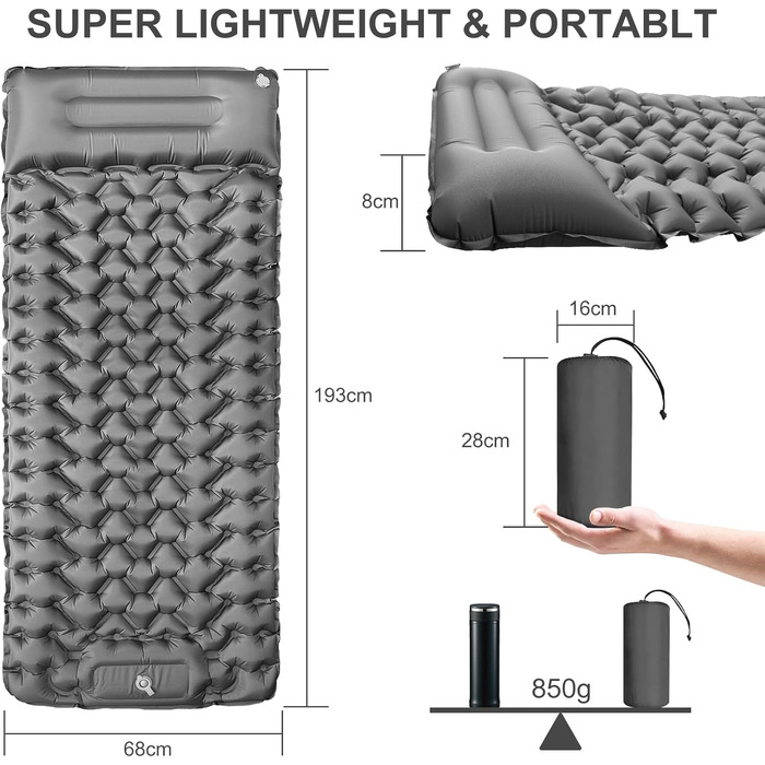 Килимок для кемпінгу Youxiu самонадувний, ультралегкий, сірий. Підходить для подорожей, піших прогулянок, наметів. Водостійкий, з насосом.