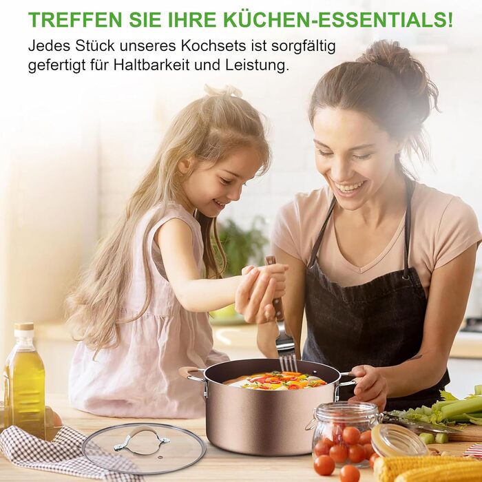NutriChef Cookware Set, Induction, 14-Piece Non-Stick Pan Set, Pots & Pans PFOA/PFOS-Free, Cookware Set, Kitchen Set, Stainless Steel, Aluminum – High-Quality Cookware Set for All Cooktops Gold