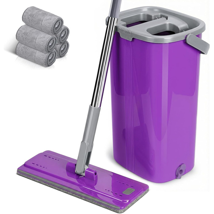 Набір для миття підлоги MASTERTOP з відром, моп з нержавіючою ручкою та 3 насадками, 2 в 1 набір відра та мопа, плоский моп з функцією віджиму для твердої підлоги, ламінату, плитки (Бежевий) (Набір для миття підлоги з відром: Фіолетовий)