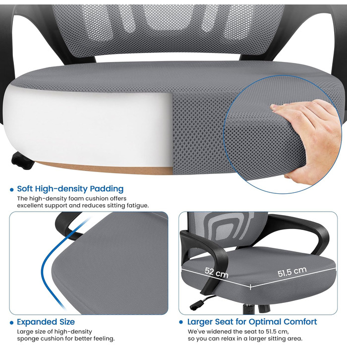 Офісний крісло Yaheetech ергономічне з сітчастою спинкою та підлокітниками, поворотне, для начальника, з регулюванням висоти, до 136 кг, темно-сірий