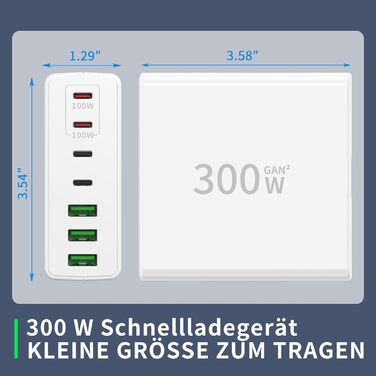 Зарядний пристрій FINIBO USB-C 300W 7 портів: швидка зарядка USB-C/USB-A для MacBook, iPad, Samsung (білий)