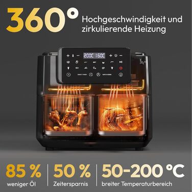 Аерофритюрниця LLIVEKIT Dual Zone 9 л з оглядовим вікном, без олії, 9-в-1, дві шухляди, сенсорне керування, таймер, смарт-функції, здорова фритюрниця, чорна
