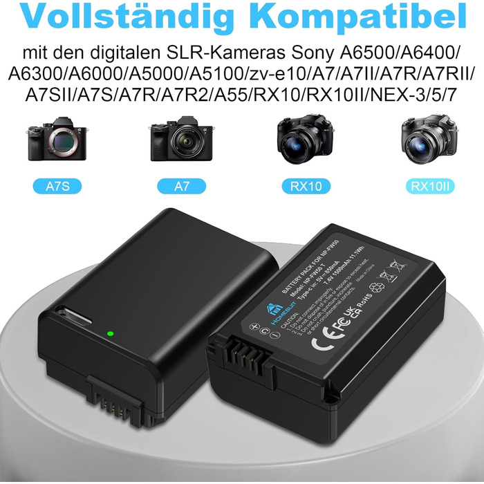 Набір акумуляторів NP-FW50 1300mAh 2 шт. та зарядний пристрій LCD для Sony ZV-E10, A6000, A6300, A6400, A6500, A5100, A5000, A7, A7II, A7R, A7RII, A7SII, 7RM2, 7SM2, 7M2, A55, RX10 II III IV, NEX-3/5/6/7, NEX-F3