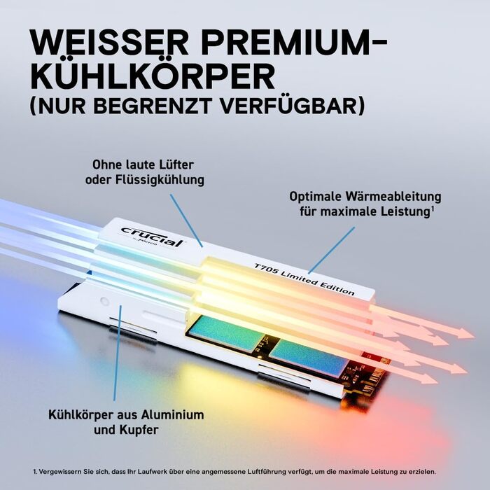 SSD Crucial T705 2TB PCIe Gen5 NVMe M.2 - Швидкість до 13600 МБ/с, DirectStorage, сумісний з PCIe 4.0, внутрішній SSD