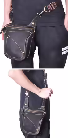 Le'aokuu Men's Leather Motorcycle Hip Bag Messenger Shoulder Drop Leg Bag (9326 Dark Black)