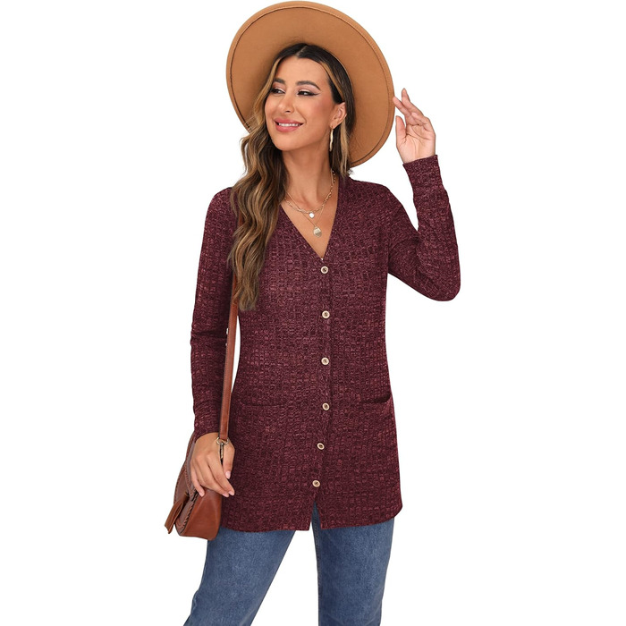 Жіночий в'язаний кардиган Grecerelle з довгими рукавами, V-подібним вирізом, з кишенями та ґудзиками, бордовий, осінь, м'який, елегантний, трикотажний