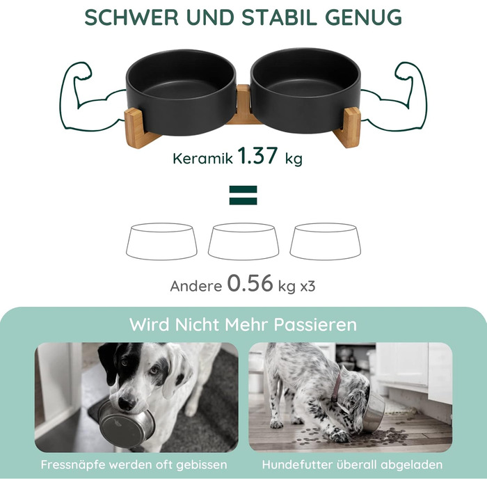 Миска для собак та котів SpunkyJunky з кераміки, 400 мл, чорна, з бамбуковою підставкою (подвійна)
